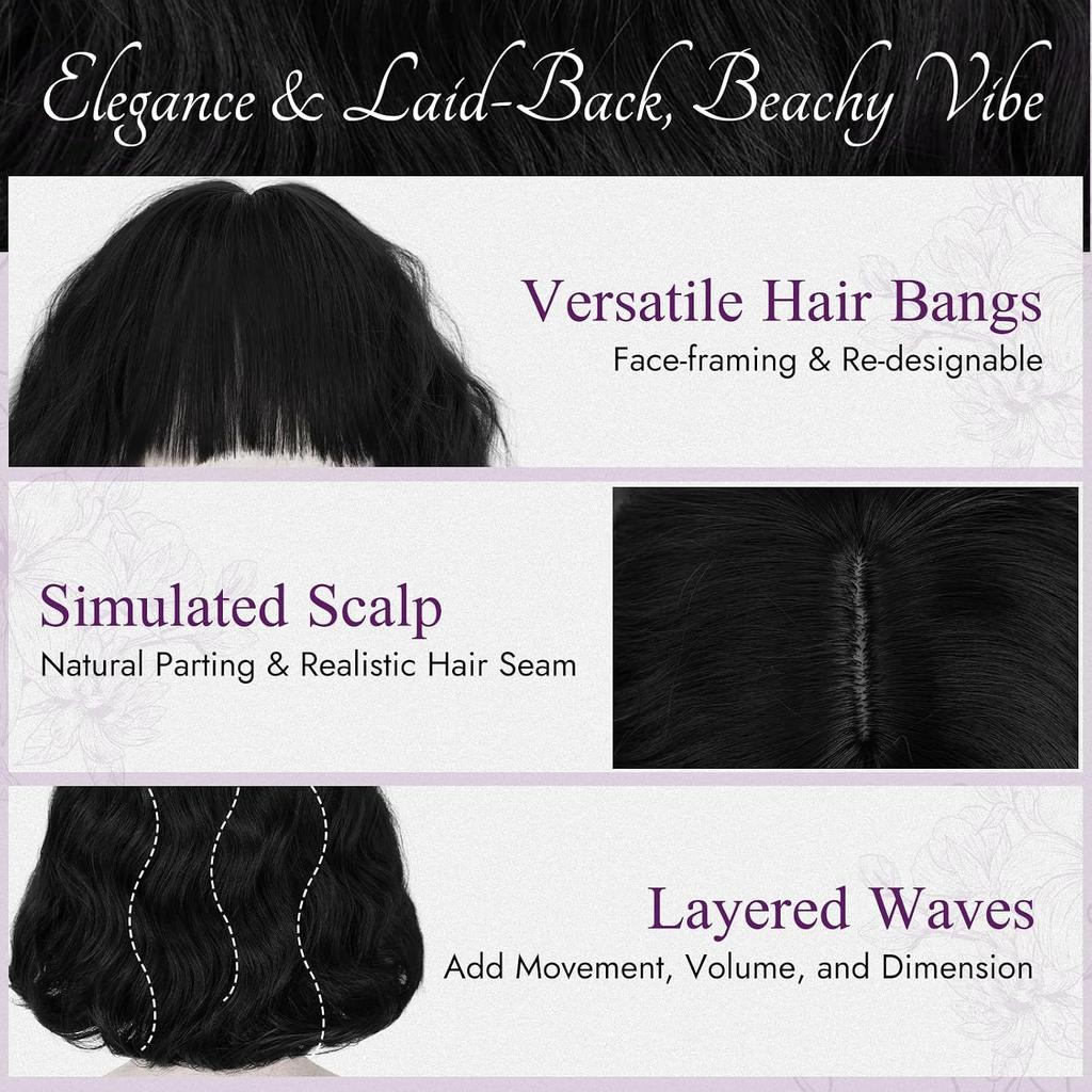 Short Wavy Wig with Bangs for Women Synthetic Curly French Bob WigsNatural Looking Daily Party Halloween