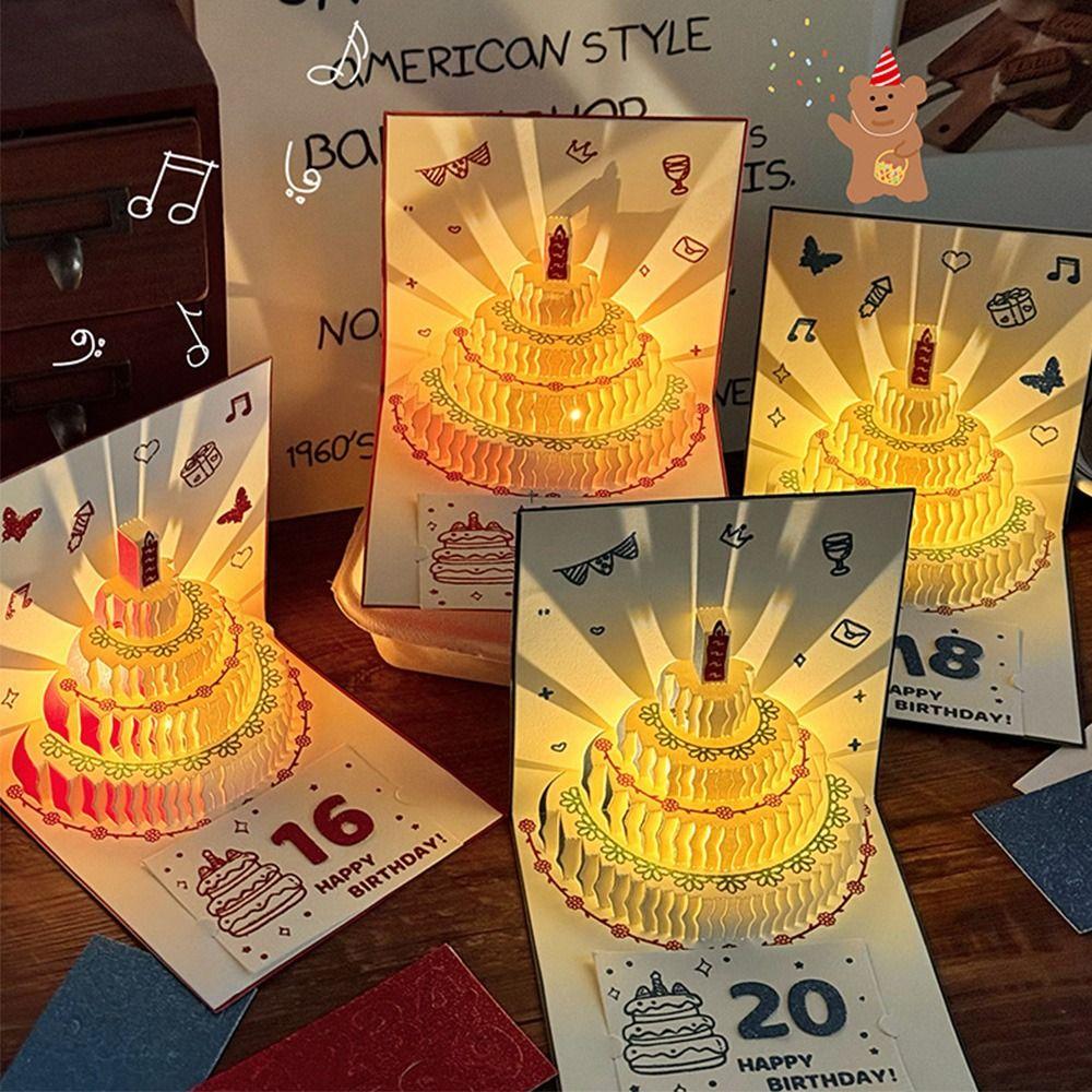 3D Happy Birthday Card Four-Layer Birthday Cake with Envelope Gift Card Music Light Foldable Musical Light Greeting Card