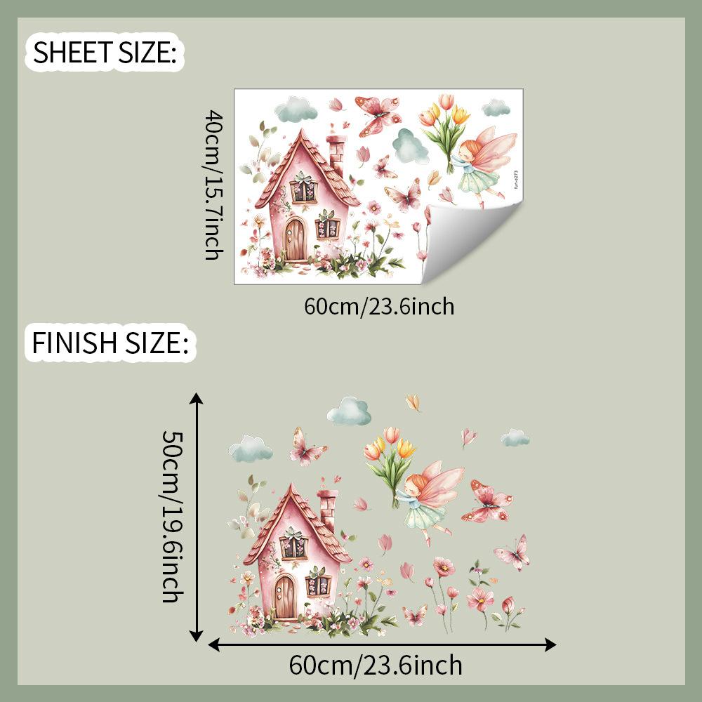 Fairy Tale Cartoon House with Flowers Wall Sticker Dreamy Self-Adhesive Decor for Kids Bedroom Living Room Nursery Wall Art