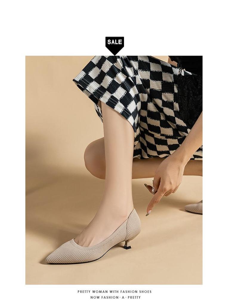 Women's Pointed Toe Kitten Heel Knit Shoes - Soft Sole, Medium Height, Comfortable and Trendy