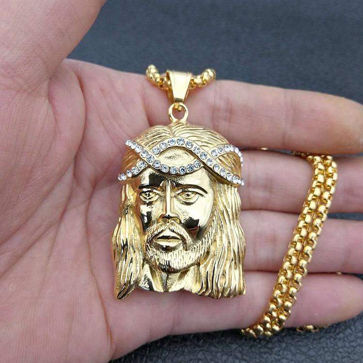 HIP Hop Gold Color JESUS Piece Head Face Pendants Necklaces with Zircon Stainless Steel Chain Collier for Men Christian Jewelry