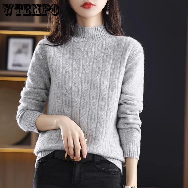 Half Turtleneck Pullover Women's Casual Long-sleeved Loose Sweater Thickened Solid-color Knitted Sweater for Autumn and Winter