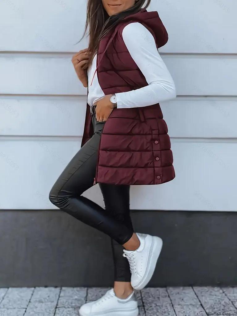 Women's Mid-Length Plus Size Solid Color Hooded Zipper Vest Jacket - Europe 2025 Collection