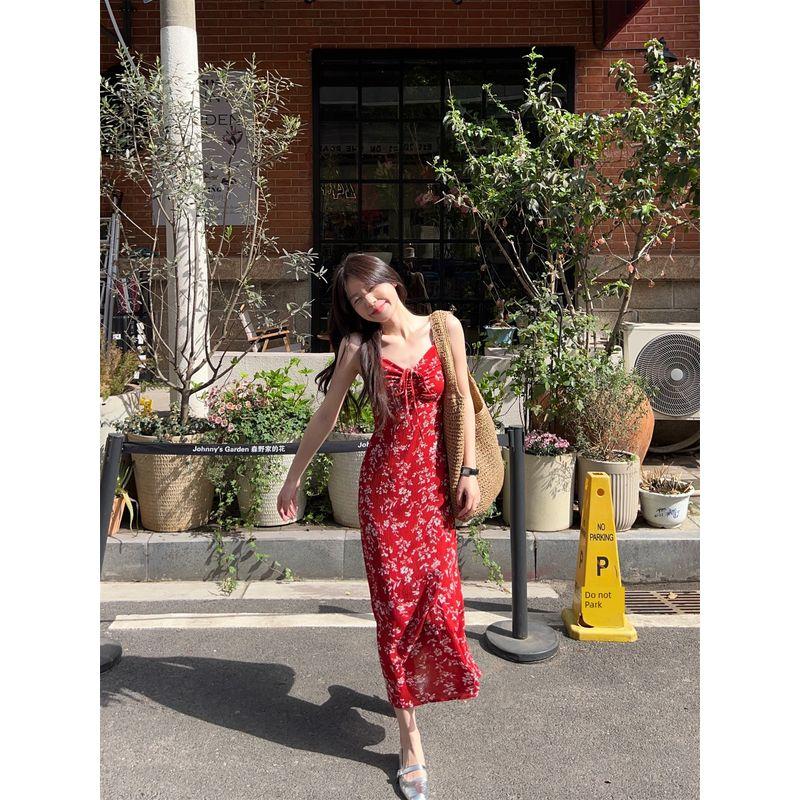 Kumikumi French Style Retro Red Floral Print Dress Women Summer Holiday Style Bow Lace-up Beach Long Dress