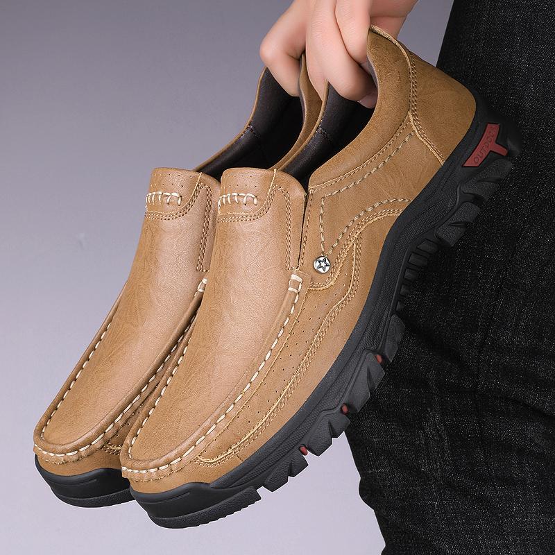 Fashion Men's Casual Shoes Hand-stitched Leather Outdoor Lightweight Loafers Fashion Business Non-slip Walking Hiking Shoes Size 38-46