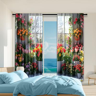 2 Pcs, Versatile Polyester Transparent Curtains for Home Decoration Garden View Floral Arch for Use In Bedrooms and Living Rooms