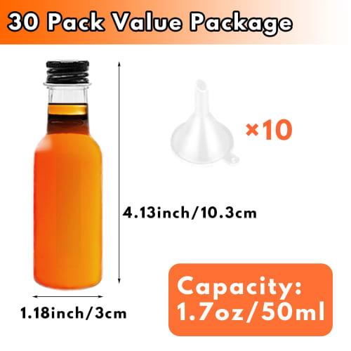 30-Pack Mini Liquor Bottles, Airtight Plastic Spirit Bottles with Black Caps, 1.7 oz Empty Alcohol Shot Bottles, and 10 Funnels. Perfect for Weddings,