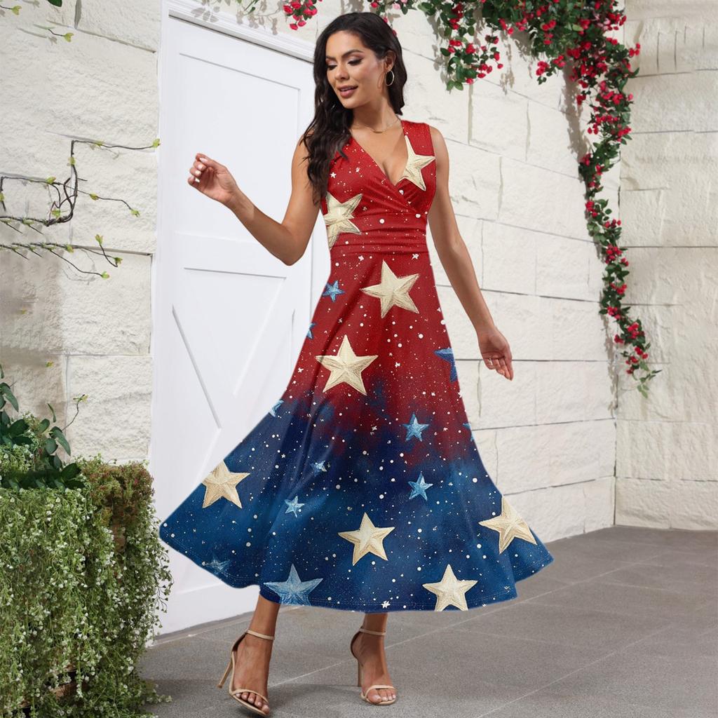 Women's Casual And Fashionable Independence Day Printed V-Neck Sleeveless Dress Dress