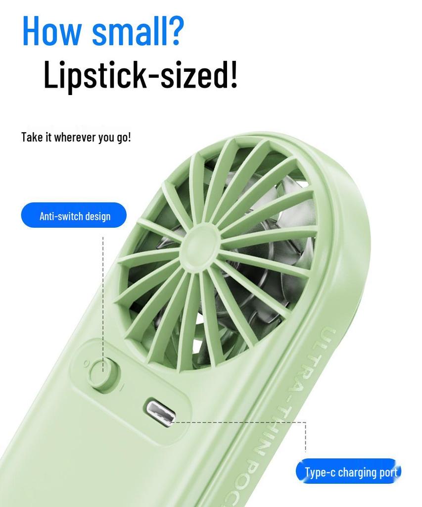 Compact USB Rechargeable Pocket Fan: Handheld Lipstick-Sized, Strong Wind, Digital Display, Stepless Speed Control