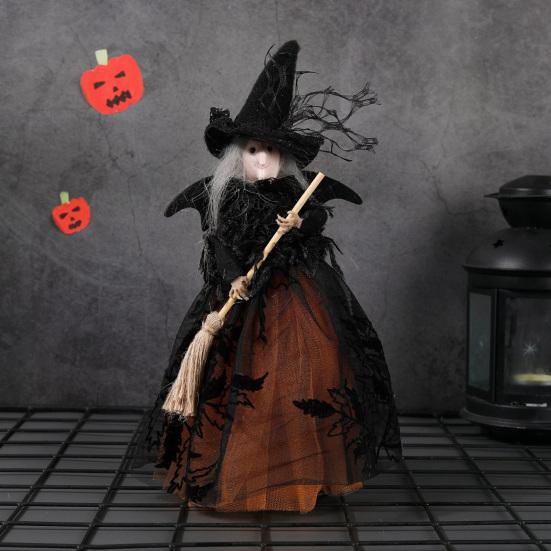 Halloween Witch Doll with Broom Small Witch Figurine with Gauze Skirt Spooky Table Centerpiece for Home Bedroom Desktop Decor