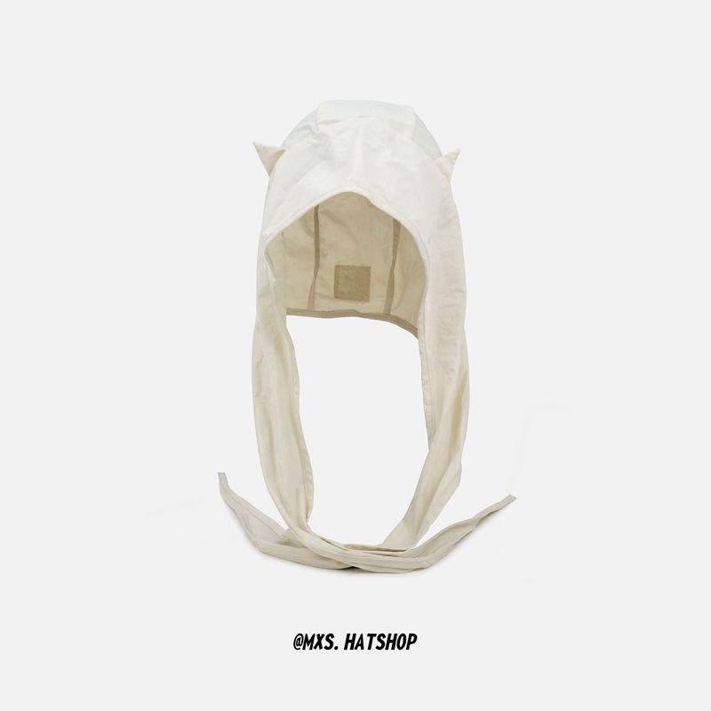 Little Devil Lace-up Pullover Hat Solid Color Y2K Shawl Hat Quick-drying Funny Ear protection Scarf Cap Summer