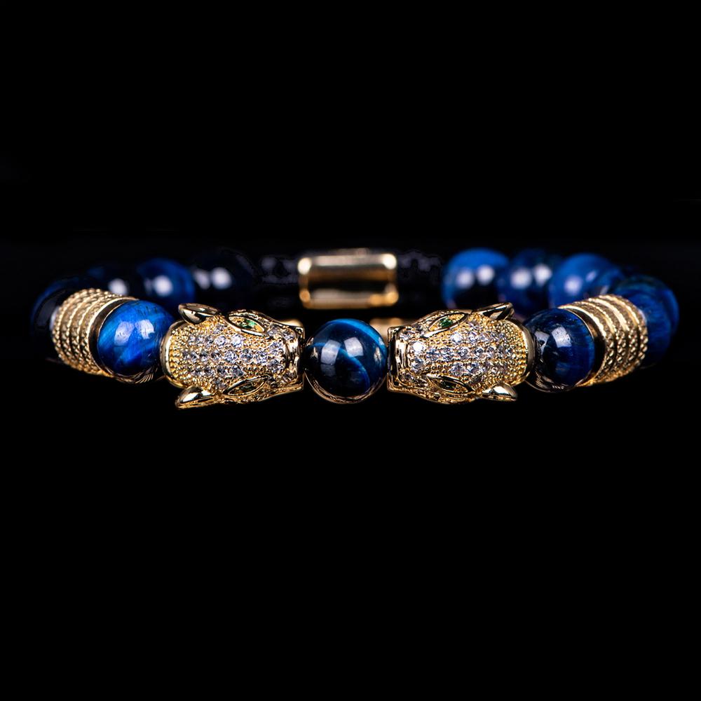 New Trend Double Leopard Head Handmade Tiger's-eye Bracelets  Accessories Handmade Men's Jewelry Pulseras Homme
