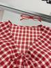 Pleated Checkered Sleeveless V-Neck Doll Shirt for Women - Petite Korean Style.