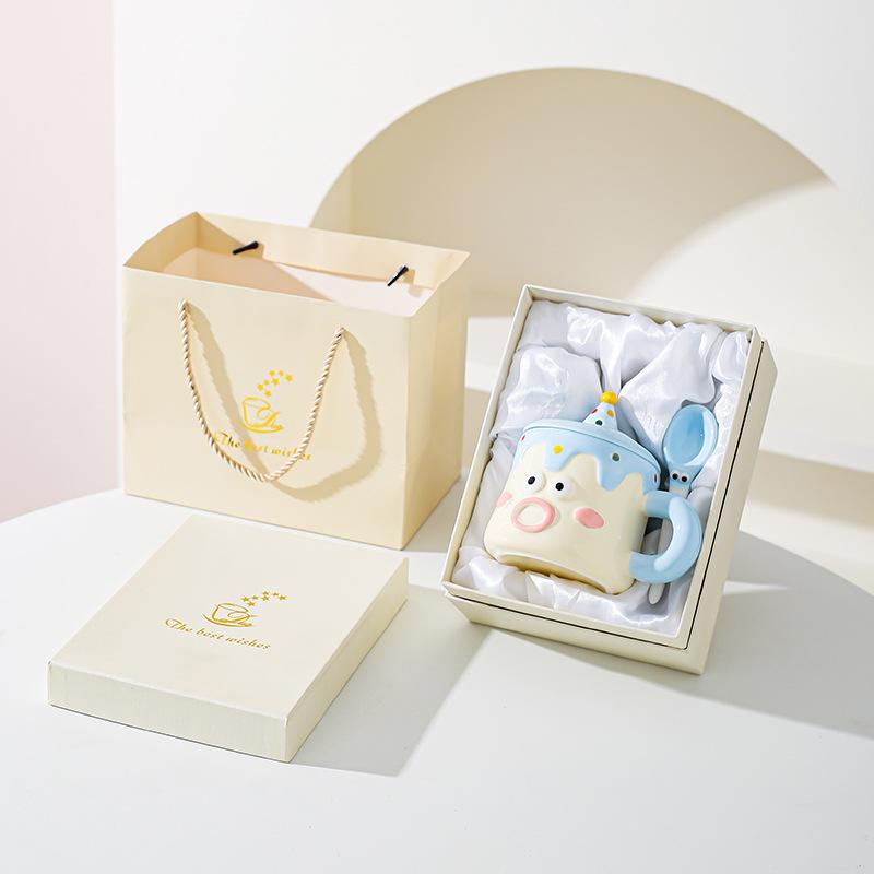 Hand Drawn Cartoon Mug with Lid Spoon Couple Drinking Water Cup Funny Expression Gift Cup Household Milk Breakfast Cup