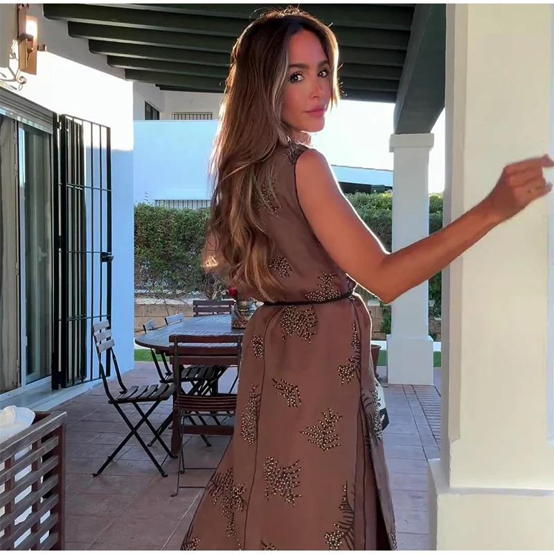 Modny haftowany top damski retro okrągły dekolt bez rękawów pas długi kamizelka lato jesień ulica damskie kamizelki