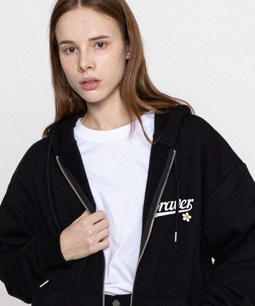 Graver [Unisex] Baseball Logo Flower Smile Zip-Up Hoodie_Black