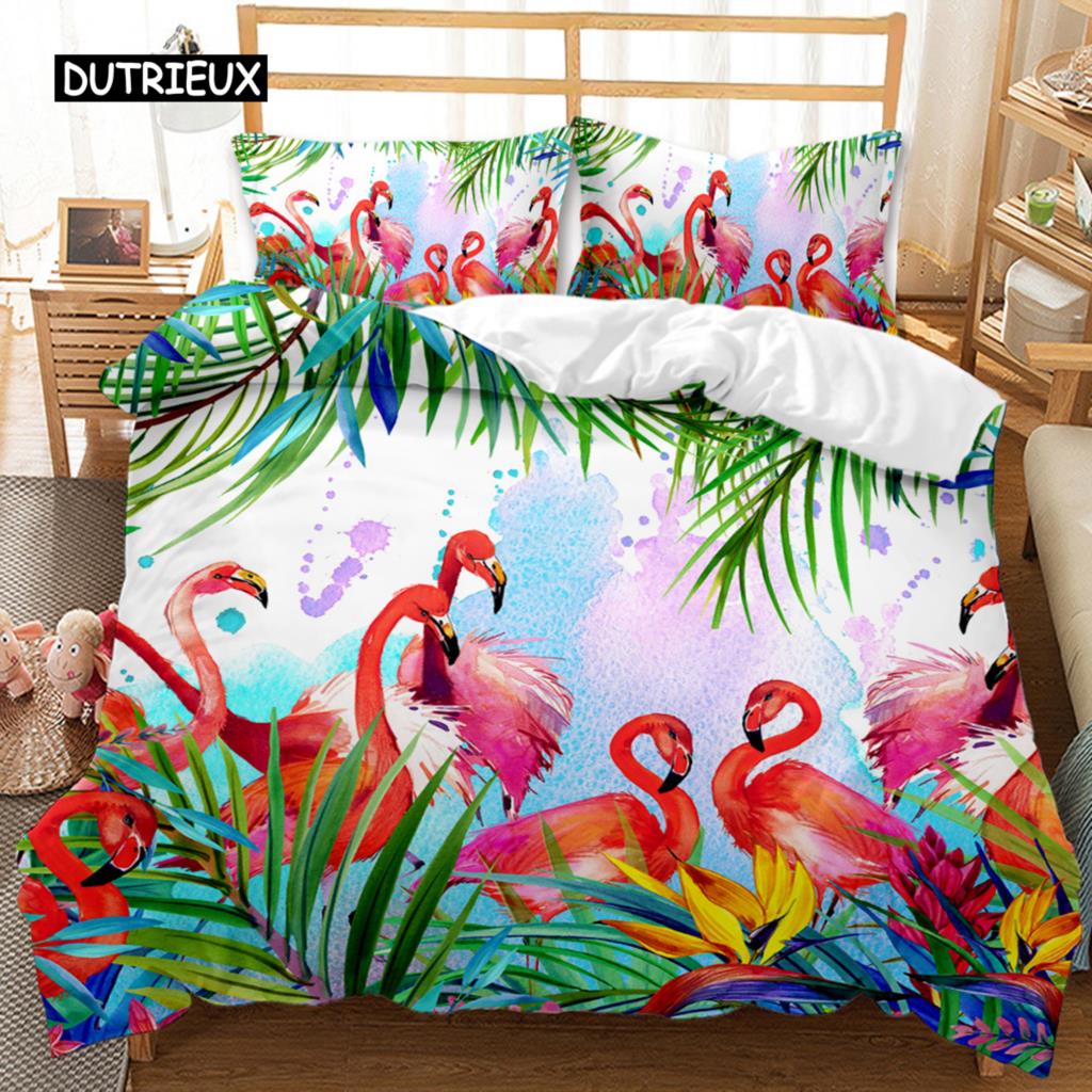 Flamingo Duvet Cover Couple Flamingo Palm Leaf Twin Bedding Set Tropical Botanical Leaves Summer King Size Polyester Quilt Cover