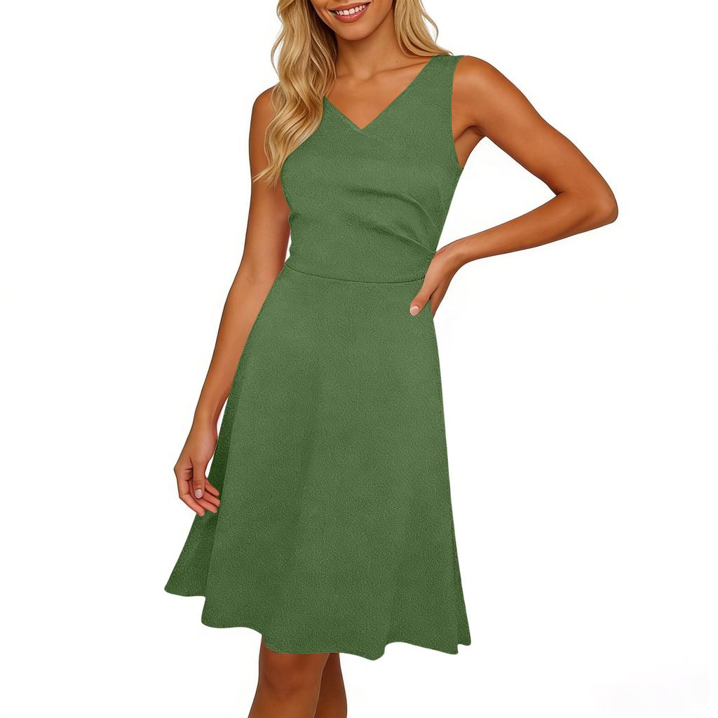 Women Elegant Sleeveless Wrap V Neck A-Line Dress