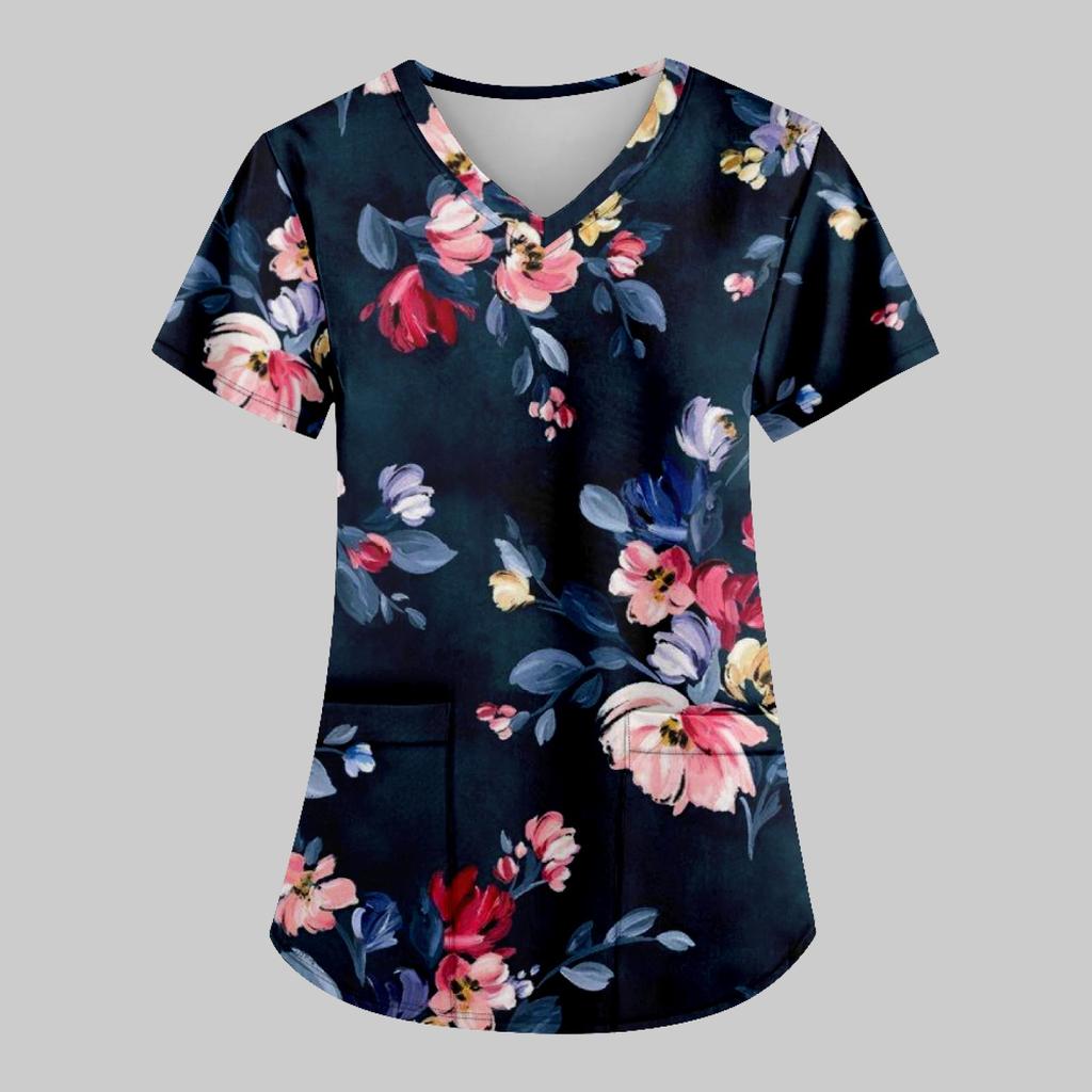 Modische bedruckte Damen-Arbeitsuniform mit Taschen-T-Shirt, kurzärmeliges Oberteil