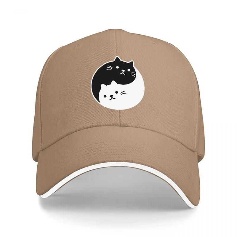 Yin Yang Cat Design Baseball Cap Black and White Feline Pattern Adjustable Hat for Casual Wear and Fashion StateUnisexts