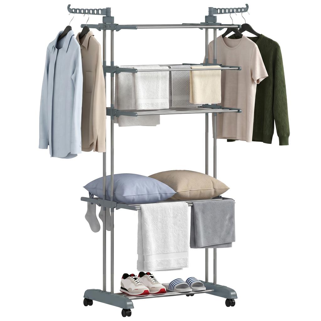 Foldable 4-Tier Clothes Drying Rack with Wheels, Side Wings and Steel Frame, Grey