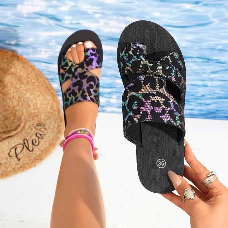 

Summer new large size printing cover toe thick bottom light soft bottom comfortable beach cool slippers women 43 цветной печати леопарда