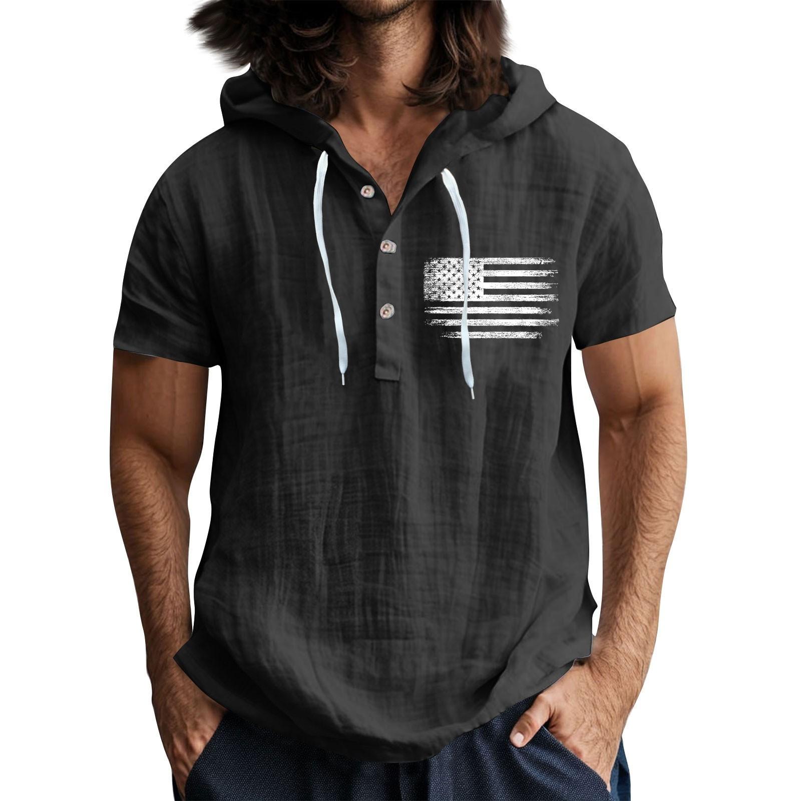 

Чоловіча повсякденна футболка з короткими рукавами та капюшоном, застібнута на ґудзики, з відкритим коміром XXL