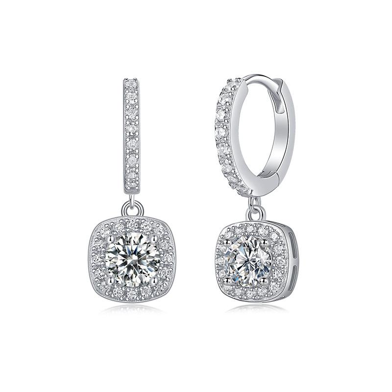 Cross-border S925 Sterling Silver Light-luxury Small Sugar-cube Diamond-studded Quadrilateral Drop Earrings Niche Moissanite 925 silver