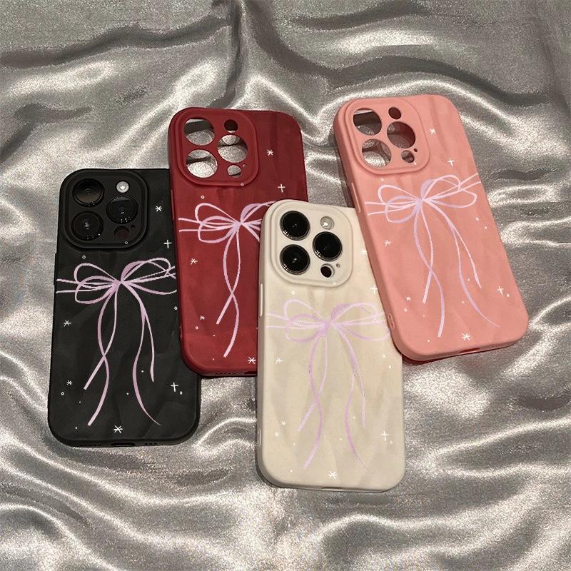 Ins Fan with Bow, Suitable for Apple iPhone16/17Pro Mobile Phone Case 15 Matte 14/13 Fold Pattern