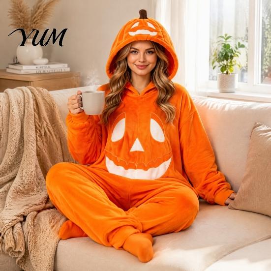 Unisex flísové pyžamo Halloweenský dýňový overal pro dospělé, Plyšový kostým s kapucí pro dospělé, Nadměrný volný domácí oblečení, Vtipný podzimní