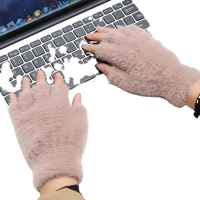 Women's Cute Fingerless Plush Gloves – Warm Nylon Mink Velvet for Autumn and Winter