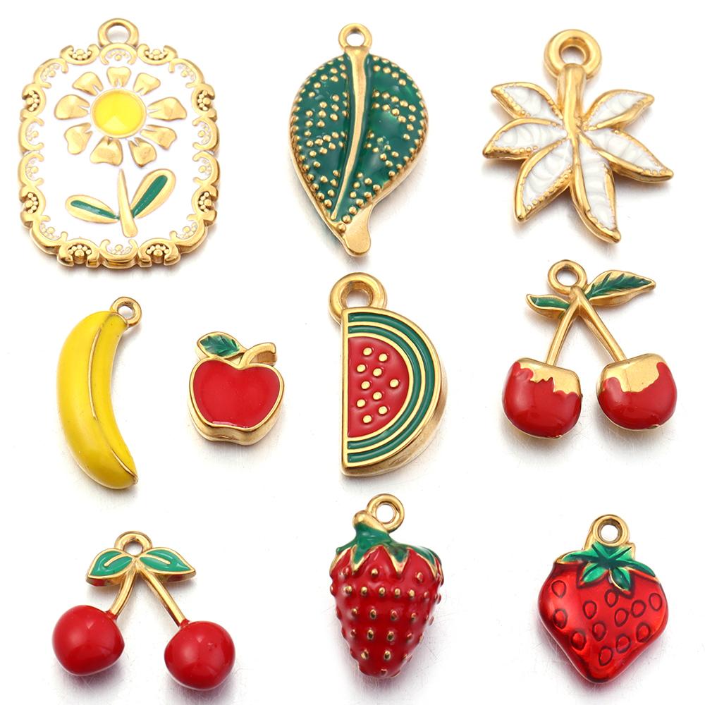 2pcs/lot Stainless Steel Enamel Charms Cute Fruit Strawberry Cherry Banana Flower Leaf Pendants For DIY Jewelry Making Necklace