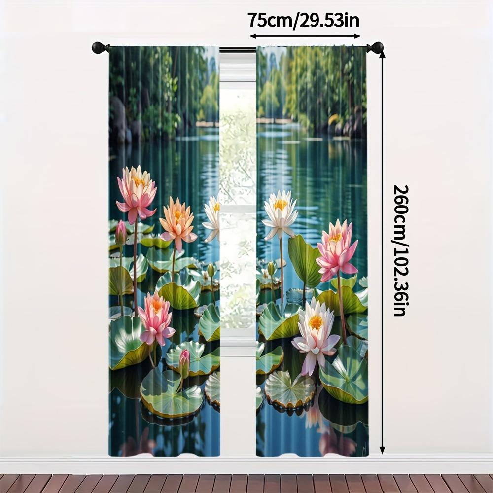 2pcs Lake View Curtains - Blackout Polyester Drapes with Serene Water and Lily Pad Design, Rod Pocket for Easy Hanging, Perfect