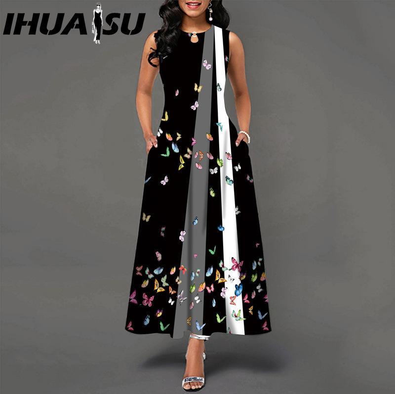 IHUASU 48 Farben Neues Damen Lockeres Vintage Blumenmuster Rüschenkleid Befree Kleid Großes Sommerparty Tanktops Elegante Maxikleider