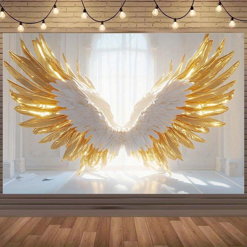 1 luxuriöser gold-weißer Engelsflügel Fotografie Hintergrundtuch - Geburtstag, Hochzeit - strapazierfähiges Polyester