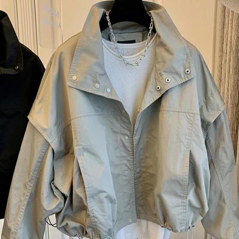 

Женский короткий тренч - Повседневный свободный крой с рукавами «летучая мышь» для весны и осени M (80-110 jin) хаки/абрикосовый