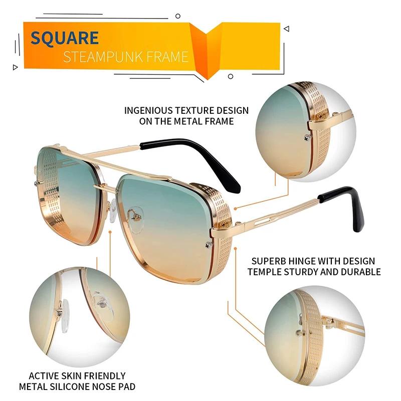 Classic Sunglasses Mens Women Vintage Pilot Square Trendy Metal Steampunk Fishing Driving Sun Glasses