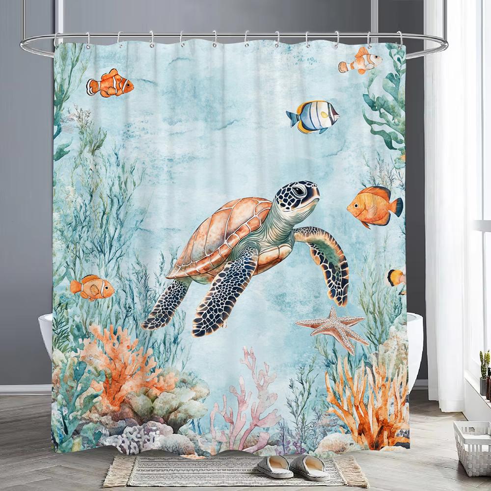 Sea Turtle Shower Curtain, Beach Coastal Sea Turtle Starfish Jellyfish Underwater Creatures Bathroom Decorative Shower Curtains