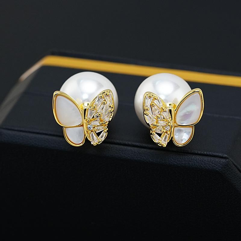 Internet Celebrity Explosion 2024 Butterfly Pearl Stud Earrings Light Luxury High-End Earrings Unique Temperament Earrings Women Wholesale
