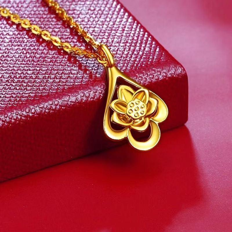 Gold Water Drop Lotus Pendant Necklace for Men and Women - Alloy Material, Safe Decoration