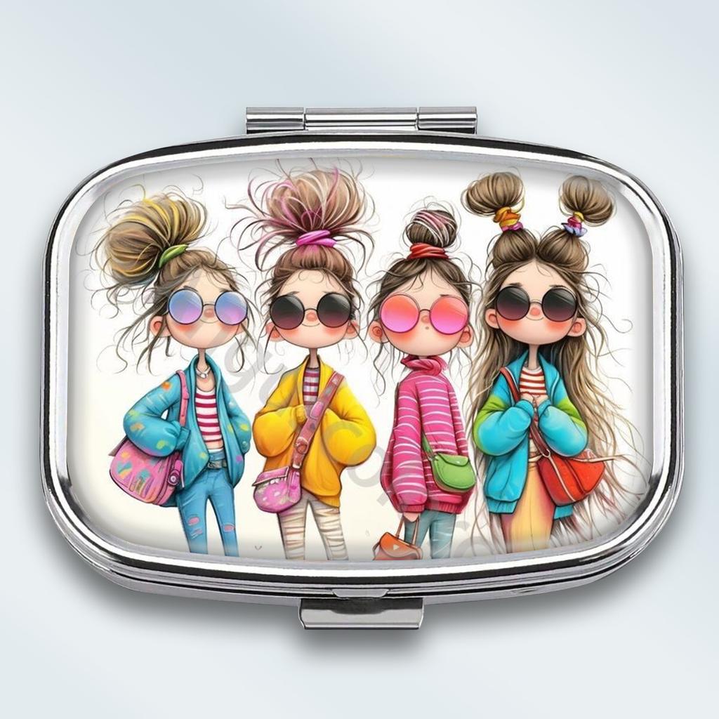 Portapillole Portatile con 2 Scomparti, Mini Custodia Organizer in Metallo per Medicine, Carino Contenitore Stampato per Pillole, Vitamine, Gioielli, Viaggio, Uso Quotidiano