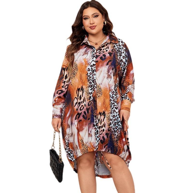 Dámské módní šaty s rolákovým výstřihem a leopardím potiskem, dlouhý rukáv a košile s výstřihem do V, plus size