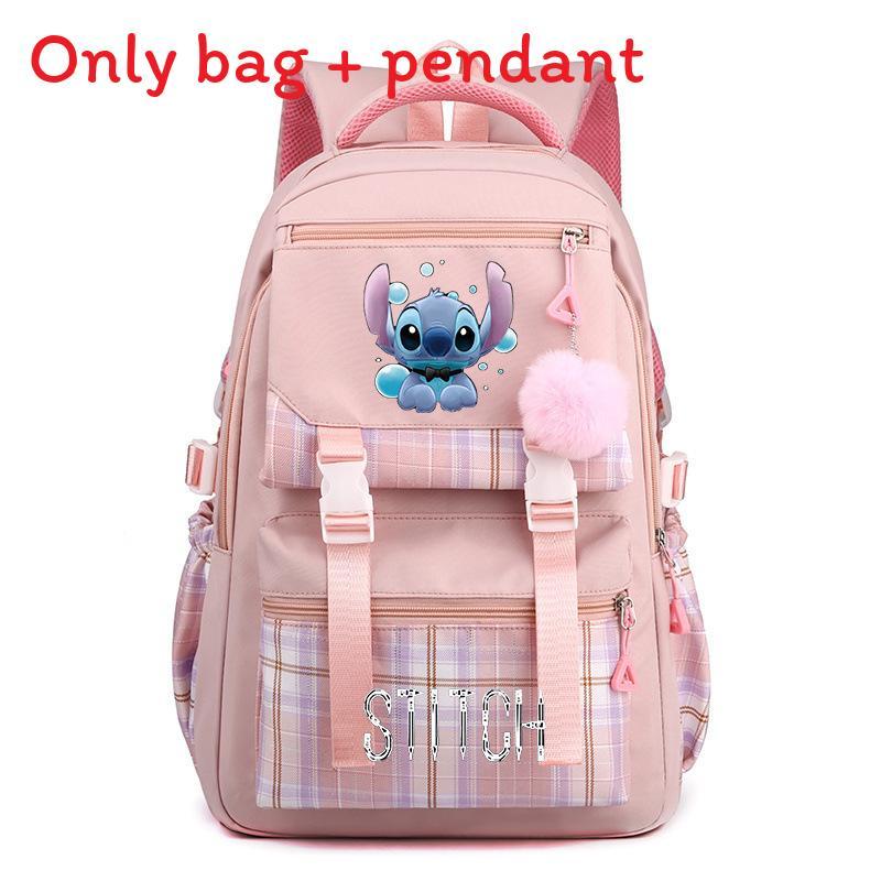 Cute Girl Backpack For School With Stitch Print And Checkered Patchwork Design For Middle School Students
