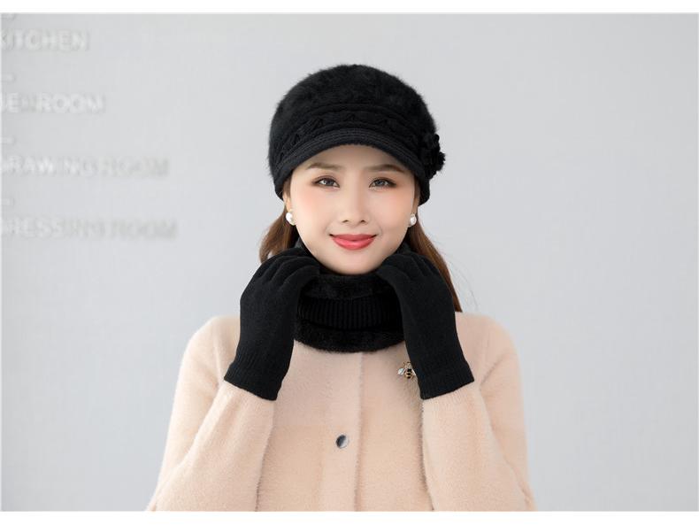 Women's Winter Rabbit Hair Knitted Hat, Snood, and Gloves Set - Fleece-Lined, Cold-Proof, Warm Wool for Middle-Aged and Elderly Moms