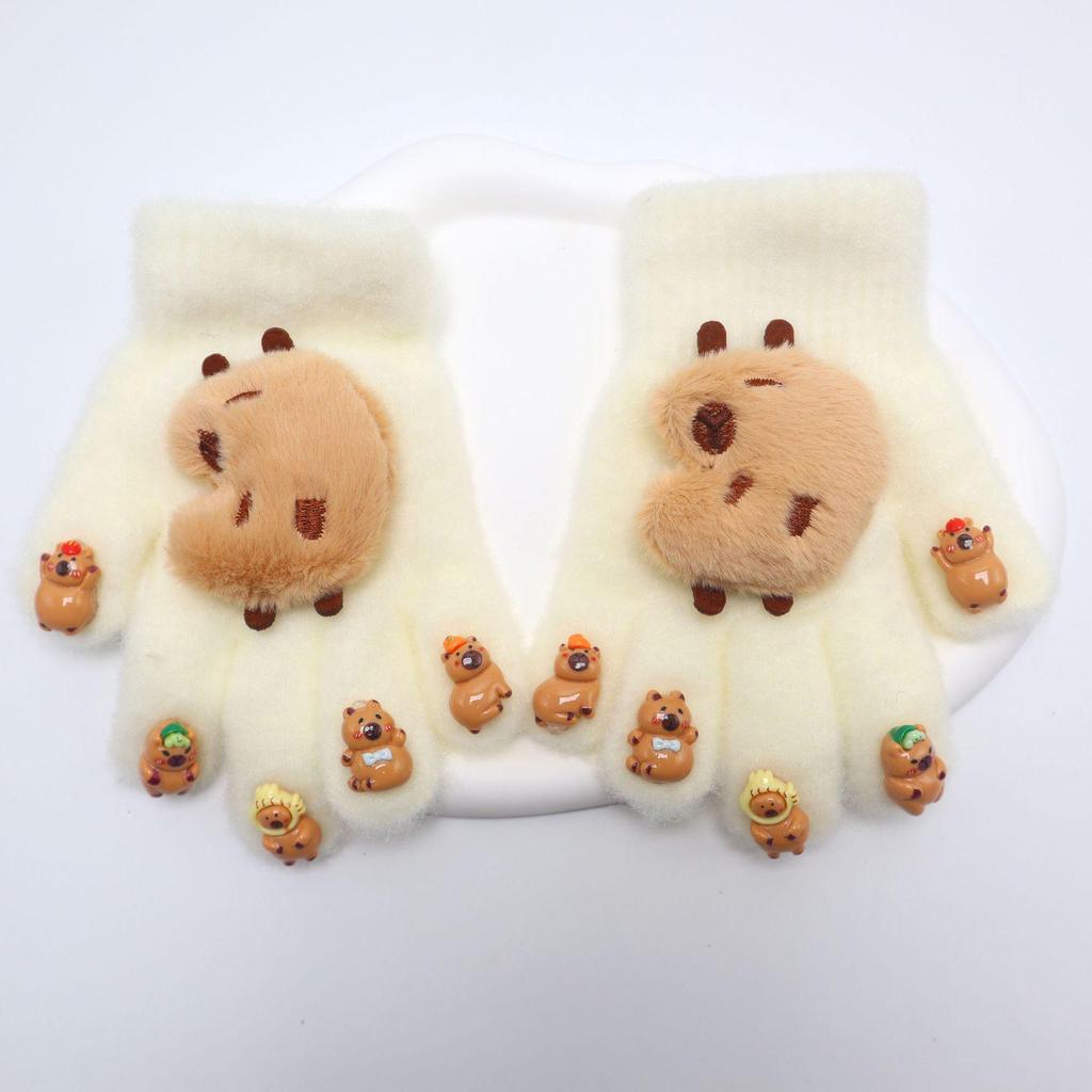 Capybara Unisex Winter Manicure Gloves for Kids - Warm Five-Finger Design
