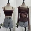 2KWEIRD Women Retro Y2K Hot Girl One Shoulder Mesh Sunscreen Cover Up Camisole Long Sleeve T-Shirt Two-piece Tops Suit Daily Outfit