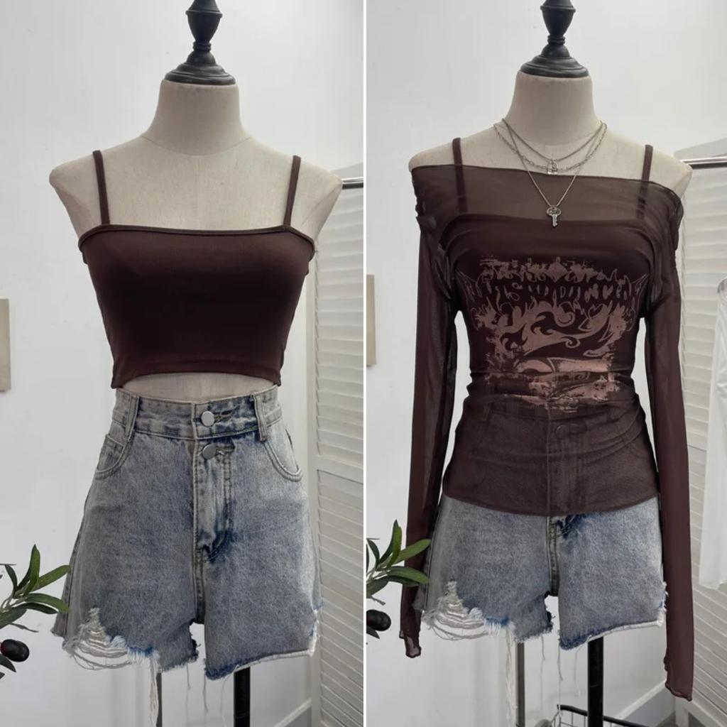 2KWEIRD Women Retro Y2K Hot Girl One Shoulder Mesh Sunscreen Cover Up Camisole Long Sleeve T-Shirt Two-piece Tops Suit Daily Outfit
