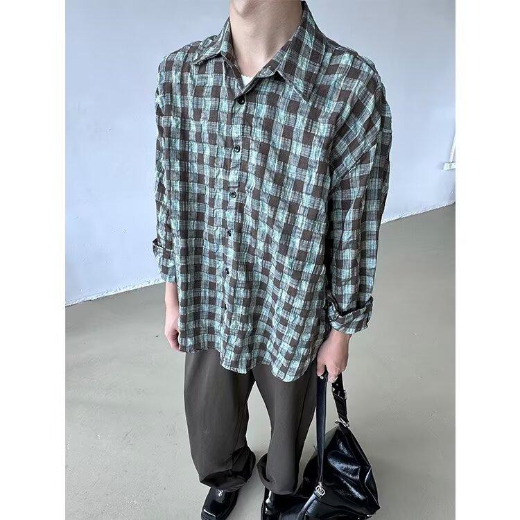 Plaid Long-Sleeved Shirt Men's Spring and Autumn New Trendy All-Match Pu Handsome Loose Casual Couple Shirt Coat