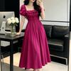 Summer Solid Color Sexy Square Neck Bubble Sleeve Lace-up Pleated Dress Women's Slim Fit Short Sleeve Casual Style A-shaped Long Dress