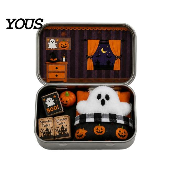 Halloween Candy Storage Mini Tin Box Gift, Plush Ghost with Haunted House Cabin Illustration Scene, Collectible Micro Theater Gift for Kids,